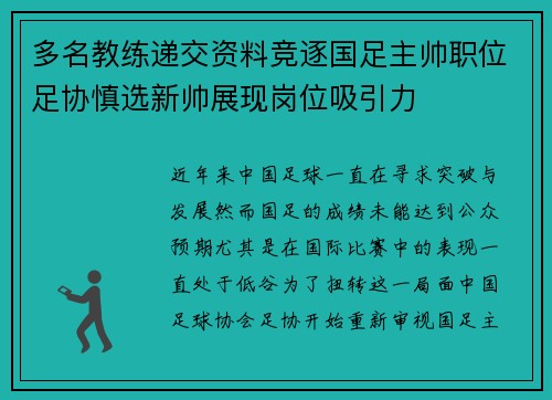 多名教练递交资料竞逐国足主帅职位足协慎选新帅展现岗位吸引力